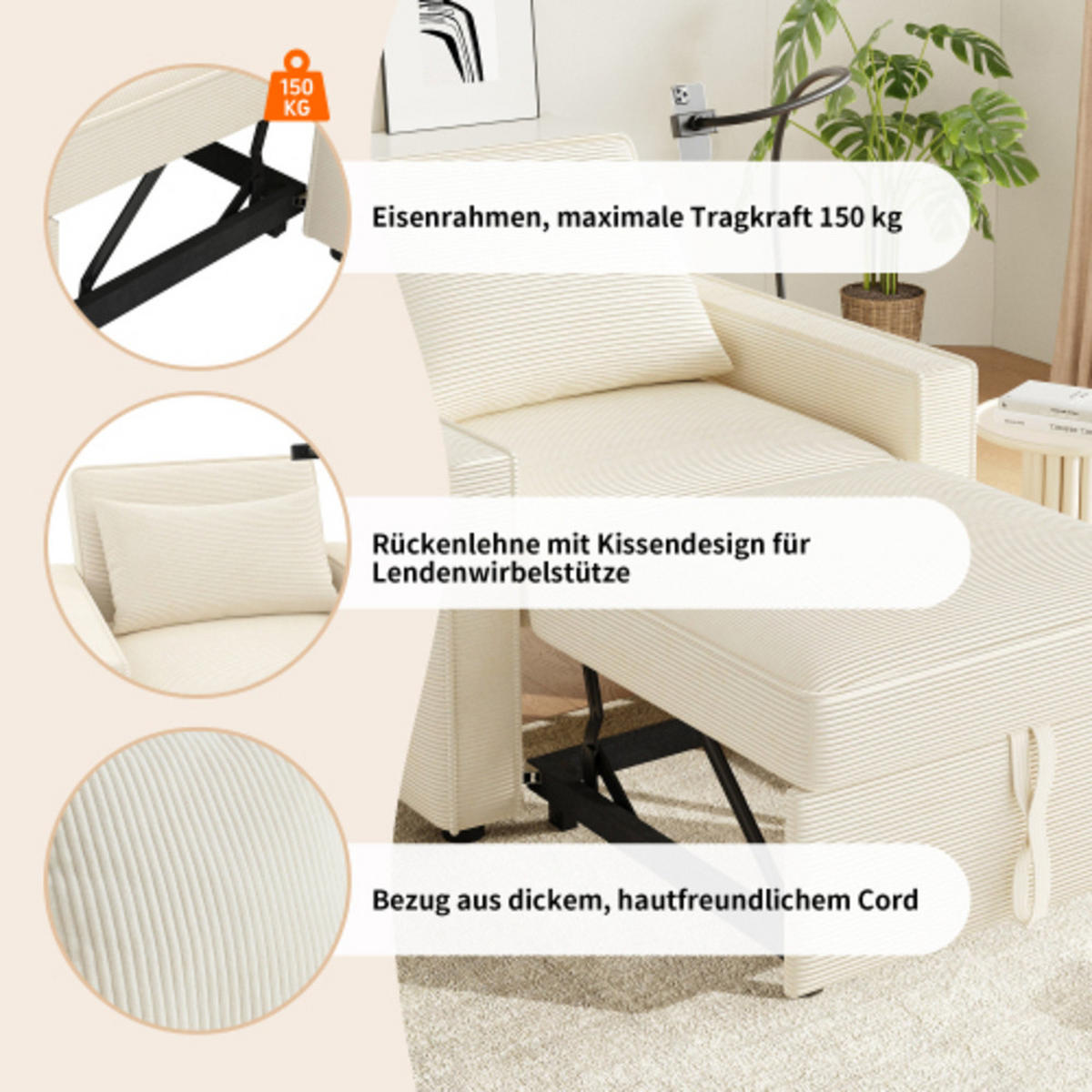 SCHLAFSOFA 93x150x85 cm aus Cord Multifunktionales faltbares, beige - Beige, Textil (150/85/93cm) - Luhomfu