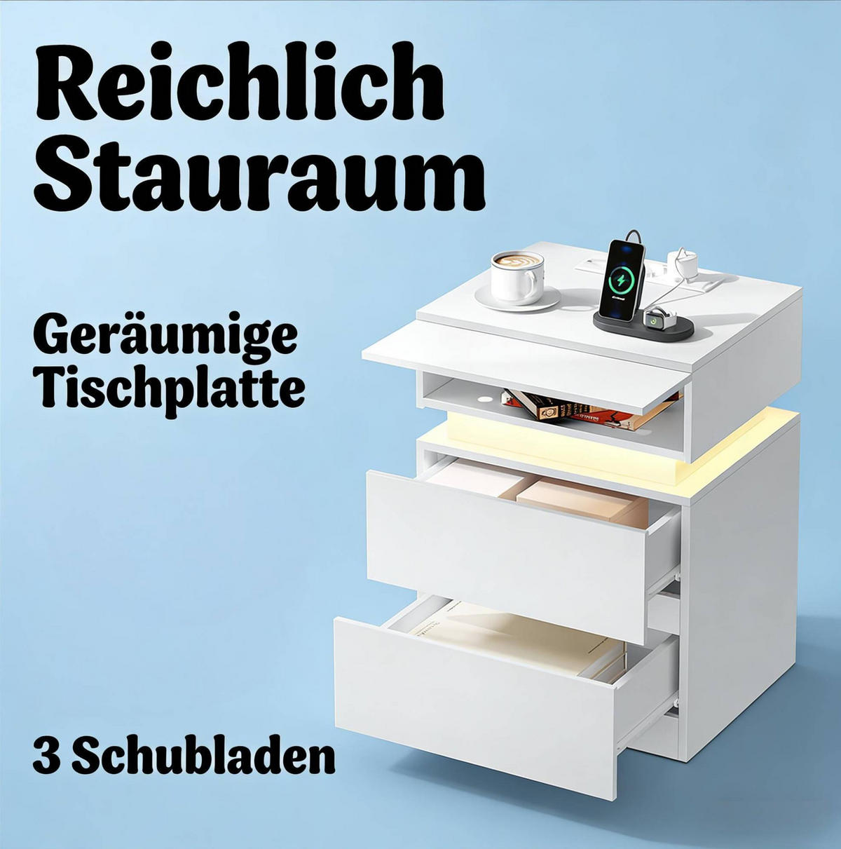 NACHTTISCH 40/55/35 cm Weiß aus Holz mit LED-Beleuchtung 2er Set - Weiß, Holzwerkstoff (35/55/40cm) - OKMYHOME