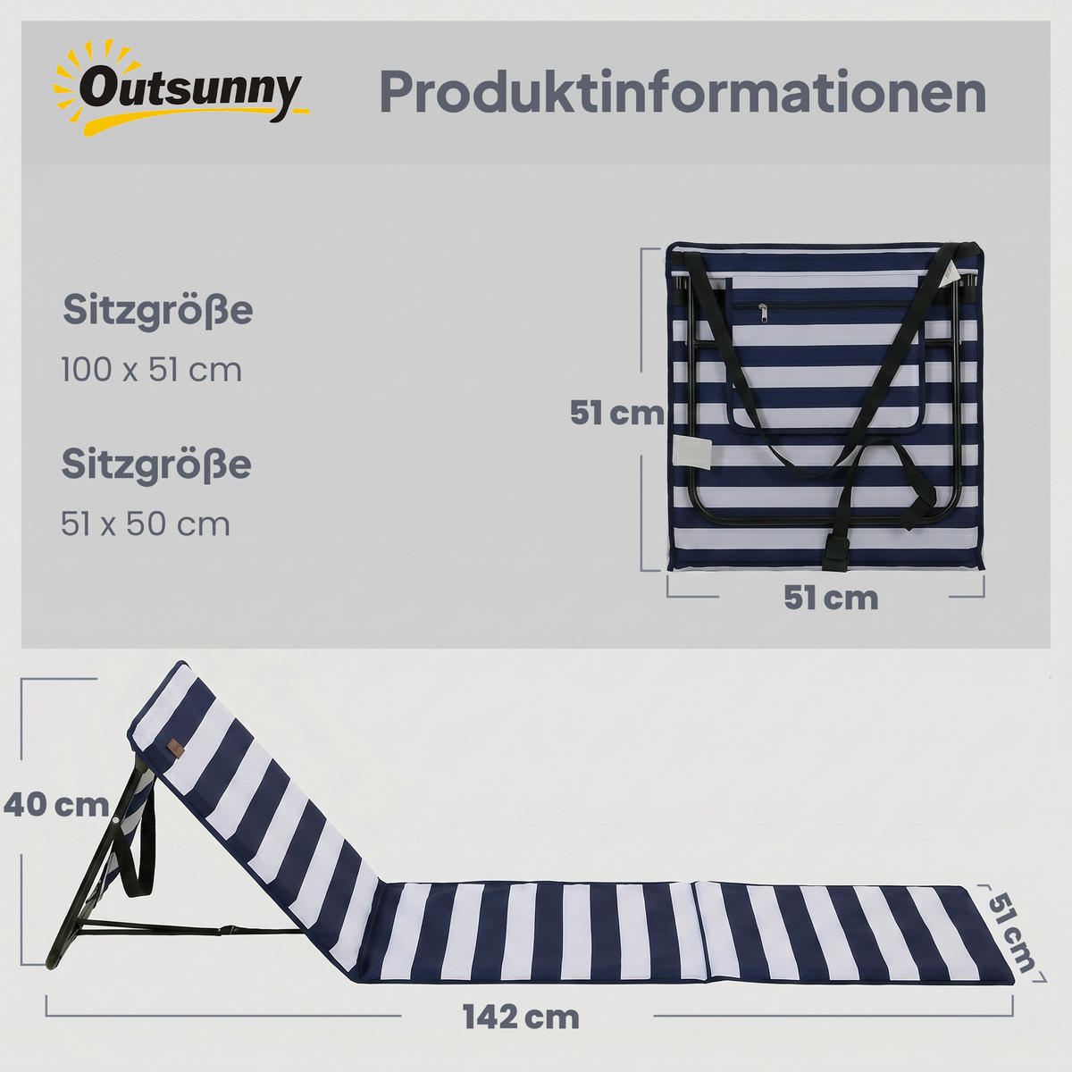 FALTBARE STRANDLIEGE, 142 x 51 x 40 cm, Stahl, Oxford, Blau+Weiß - Blau, Kunststoff (142/40/51cm) - Outsunny