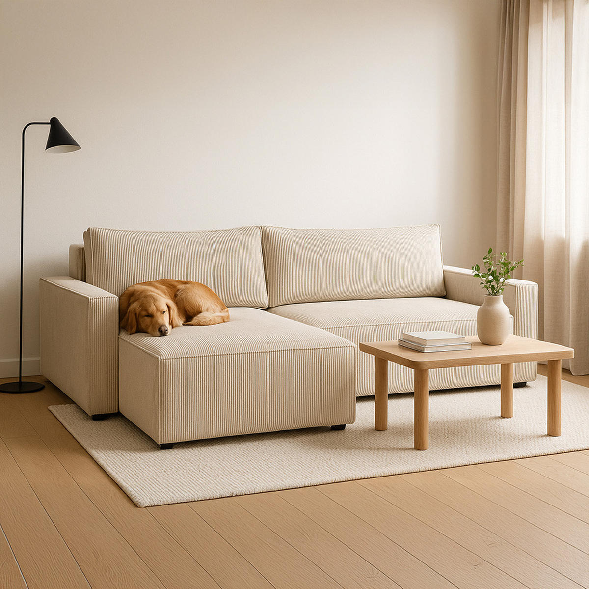 ECKSOFA LIVIO L mit Schlaffunktion und Bettkasten, weicher, dicker Cord pet friendly - POSO 135 - Schwarz, Holz (230/90/195cm) - Dekori_Interiors