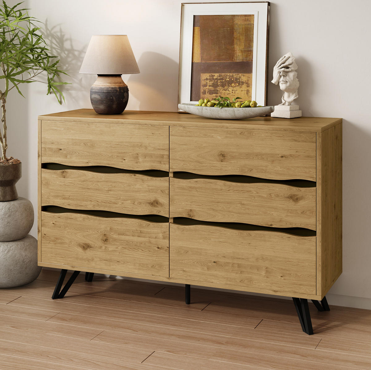 SIDEBOARD mit 6 Schubladen, Holzoptik mit wellenförmigen Fronten und schwarzen Metallfüßen, 120/40/75,5 cm,Naturfarben - Naturfarben, Holzwerkstoff (120/75.5/40cm) - Redom