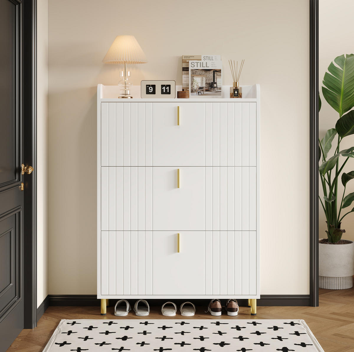 SKRINKA na topánky 23/80/123,5 cm biela s 3 výklopnými priehradkami a nastaviteľnými policami z MDF - biela, kompozitné drevo (80/123.5/23.5cm) - OKWISH