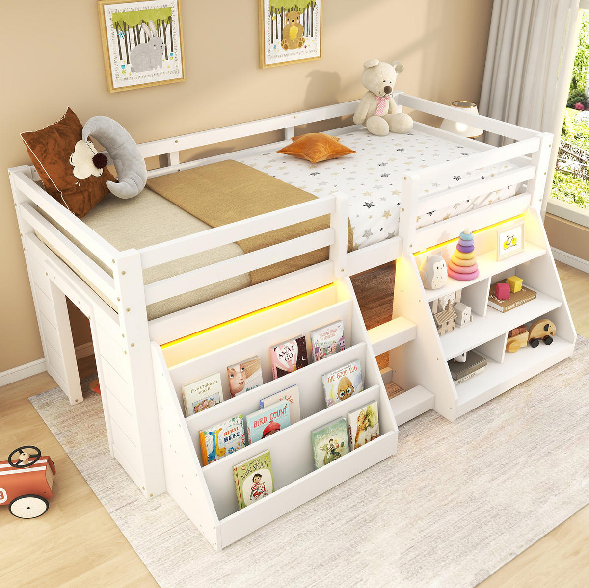 HALBHOHES BETT 90/200 cm Weiß mit LED und Stauraum - Weiß, Holz (90/200cm) - MIVRAY
