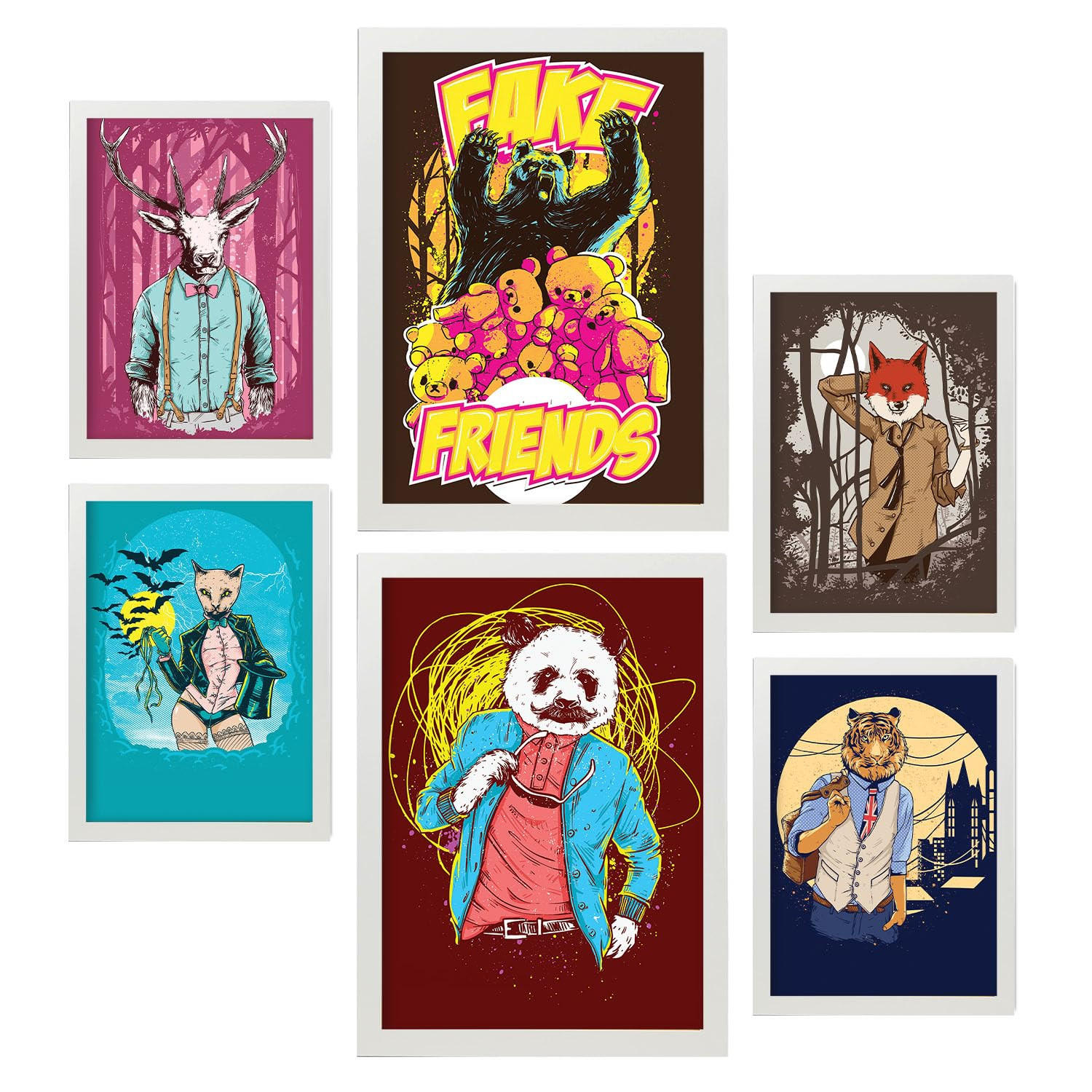 POSTER Set Mit 6 Tiermaskottchen In Rustikale Zitate A3 & A4 Weißer Rahmen - Weiß, Papier (29/3cm) - Nacnic