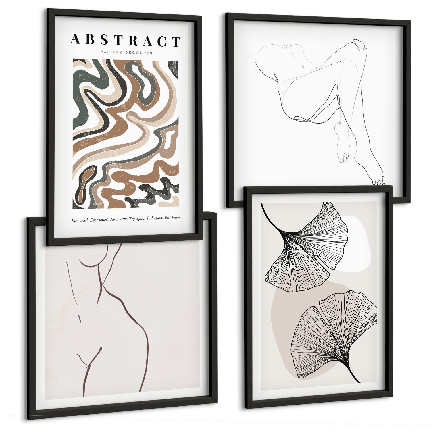 BILDER SET 4er Set - 50x50 cm & 40x60 cm Schwarzer Rahmen - Abstrakte Boho-Blattformen - Schwarz, Kunststoff (50/50cm) - TULUP