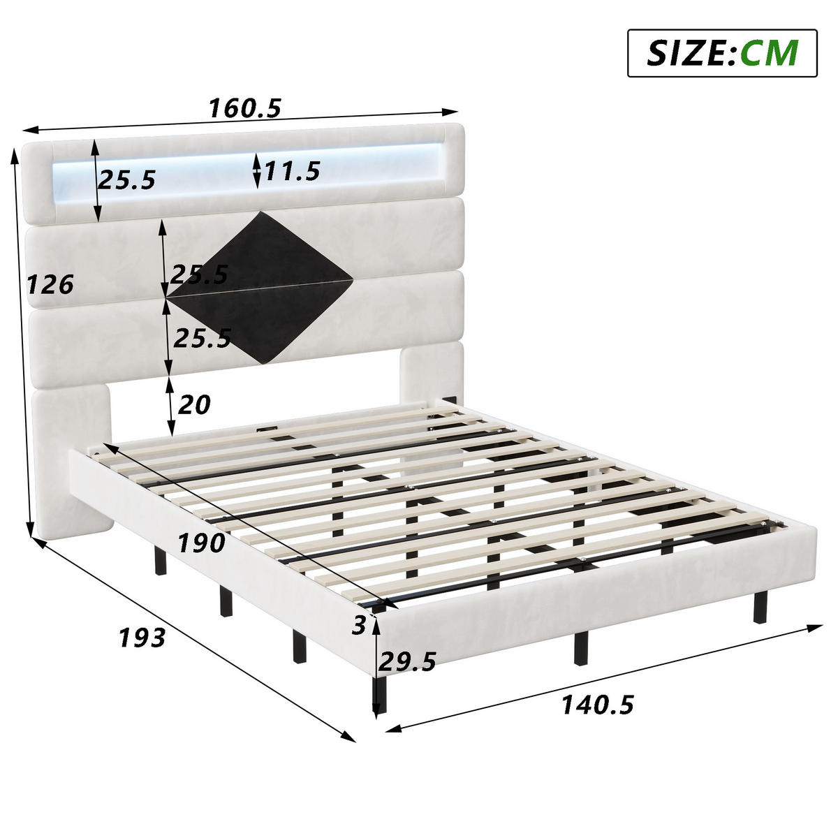 POLSTERBETT 140x190 cm, Weiß/Schwarz, LED-Beleuchtung und USB - Schwarz, Textil/Metall (140/190cm)