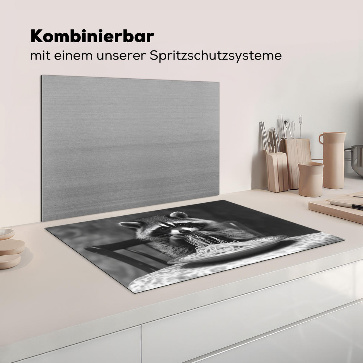 HERDABDECKPLATTE Waschbär - Niedlich - Pasta - Tischtuch - Schwarz - Weiß Induktionsmatte 77x51 cm - Grau, Kunststoff (77/51/0.2cm) - MuchoWow