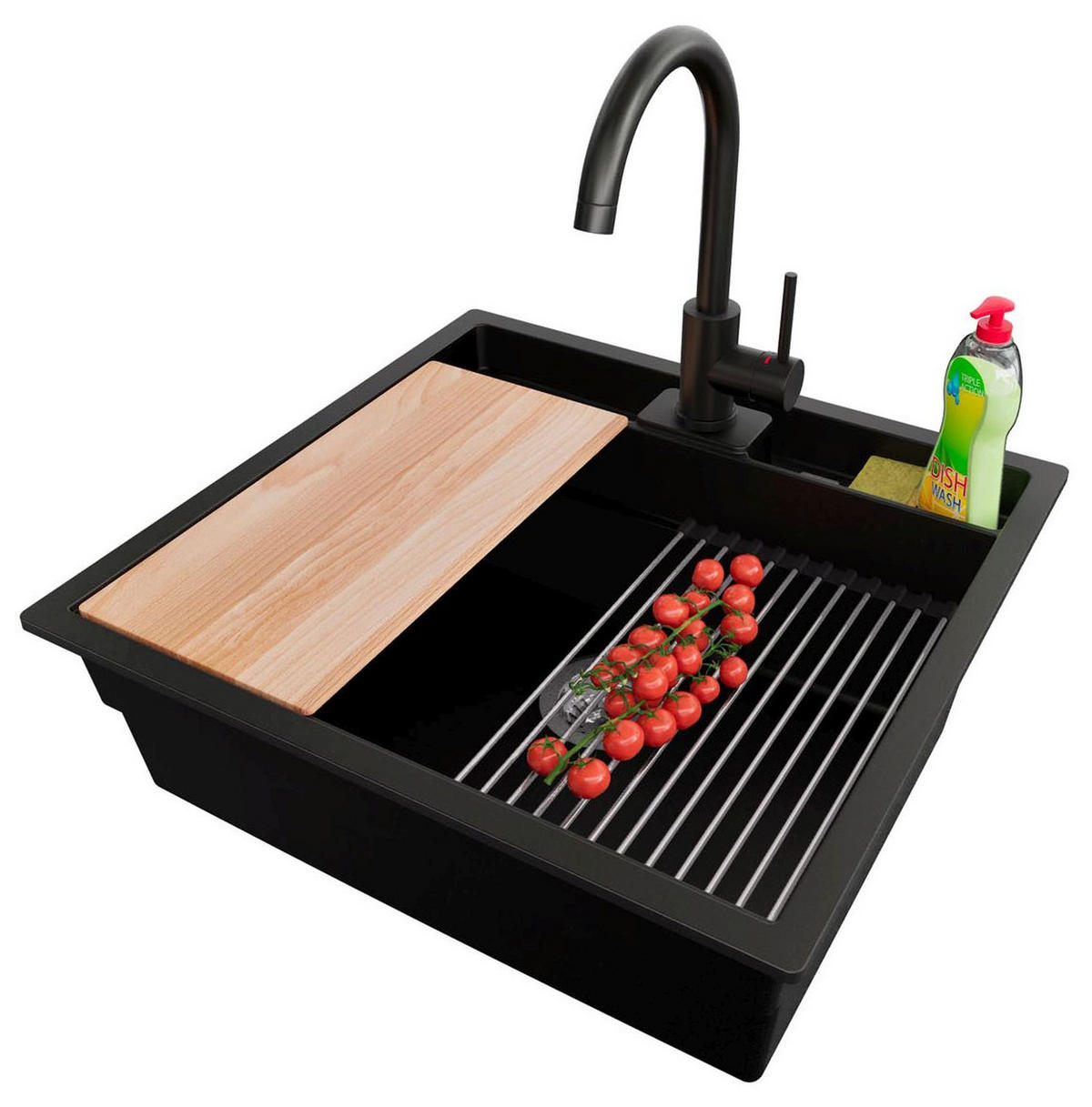 GRANITSPÜLE Bergen Pocket, 2-er set Schwarz 56/54 cm 1 Becken + Küchenarmatur 32/20 cm + Ablauf-Set + Küchenzubehörset ab 60er Unterschrank - Chromfarben/Beige, Kunststoff (56/20/54cm) - Primagran