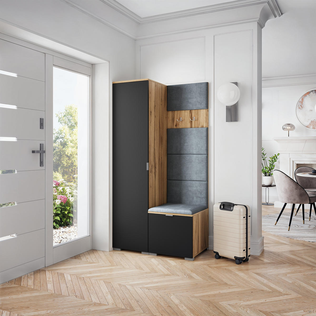 GARDEROBENSCHRANK LORI 95/181/51 cm Modern Garderobe-Set Eiche Wotan - Eiche Wotan/Schwarz, Holzwerkstoff (95/181/51cm) - MASSENO