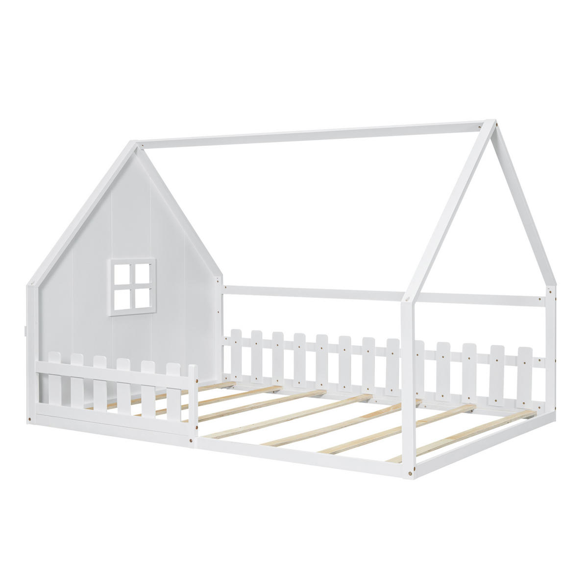 KINDERBETT Hausbett 140/200 cm mit Geländer aus Kiefernholz in Weiß - Weiß, Holz (140/200cm) - BEAOK