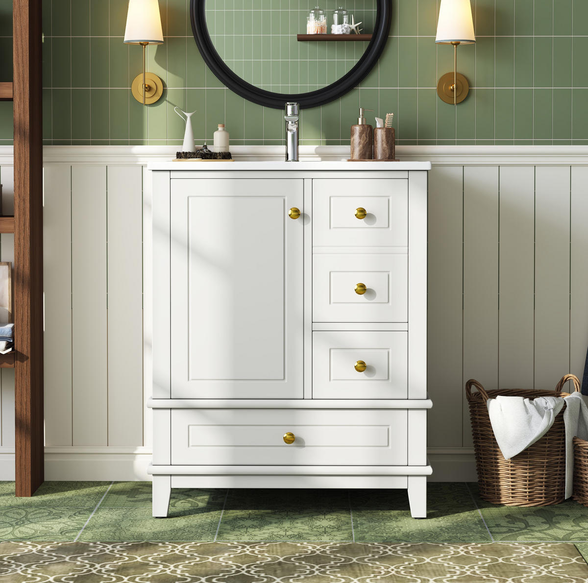 WASCHTISCHUNTERSCHRANK aus MDF und Keramik 61x47x86 cm Weiß mit 3 Schubladen, Soft-Close und Stauraum - Weiß, Keramik (61/86/47cm) - Modfu