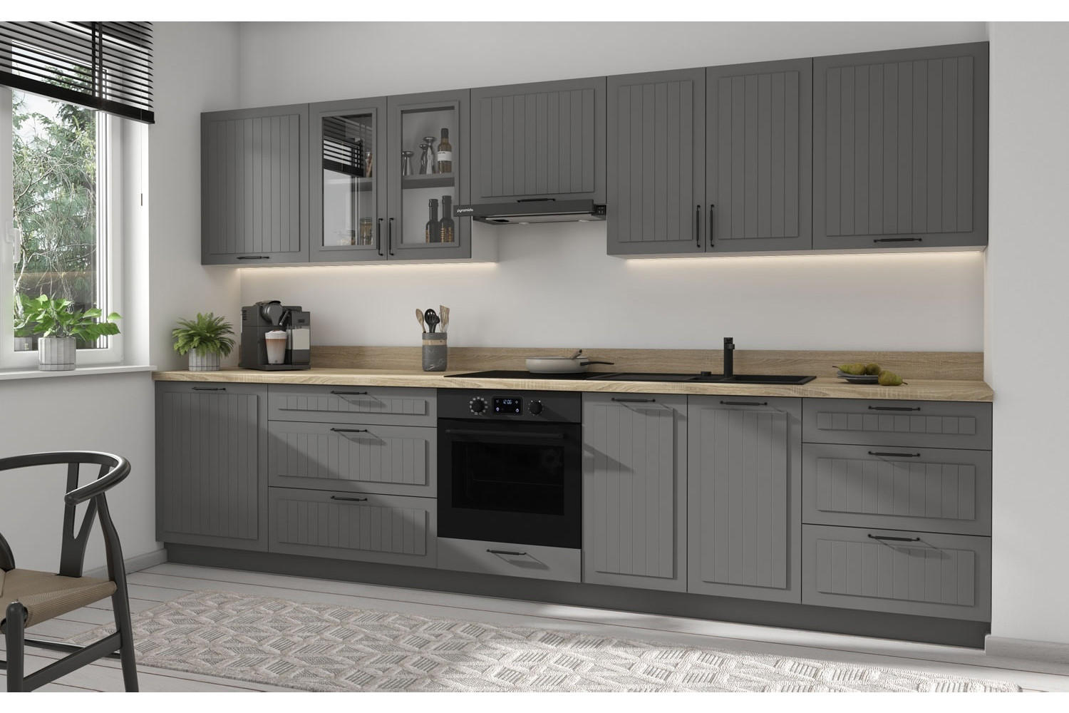 KÜCHENLEERBLOCK Livorno weiß matt & lava matt / telegrau 2 RAL 7046 (K5), Arbeitsplatte Eiche Sonoma 10-teilig - Weiß/Grau, Holzwerkstoff/Metall (340/204/60cm) - Feldmann-Wohnen