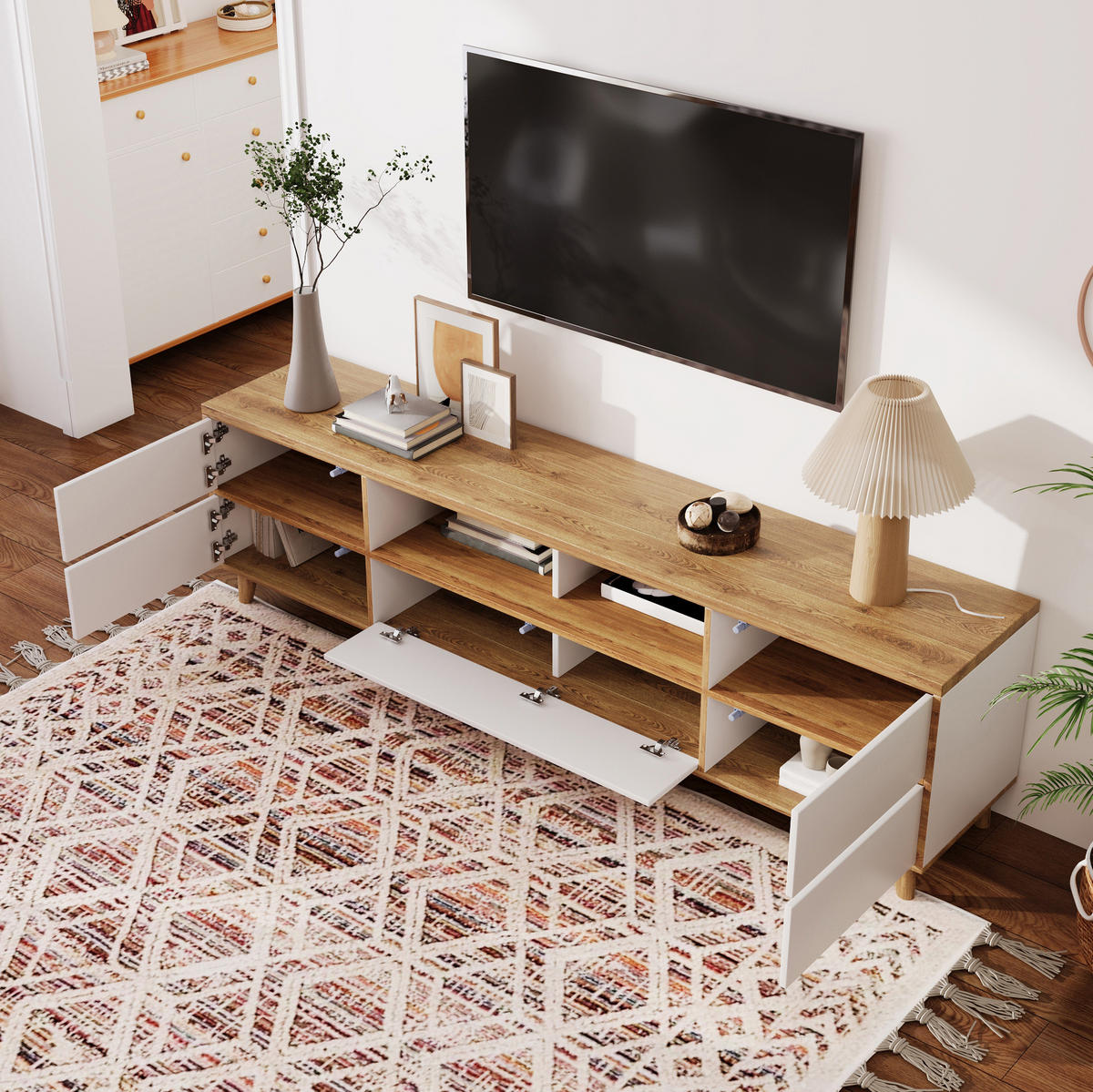TV-ELEMENT mit 4 Türen 175 x 37 x 51 cm MDF Weiß und Holzoptik - Weiß, Holzwerkstoff (37/51/175cm) - Beauniv
