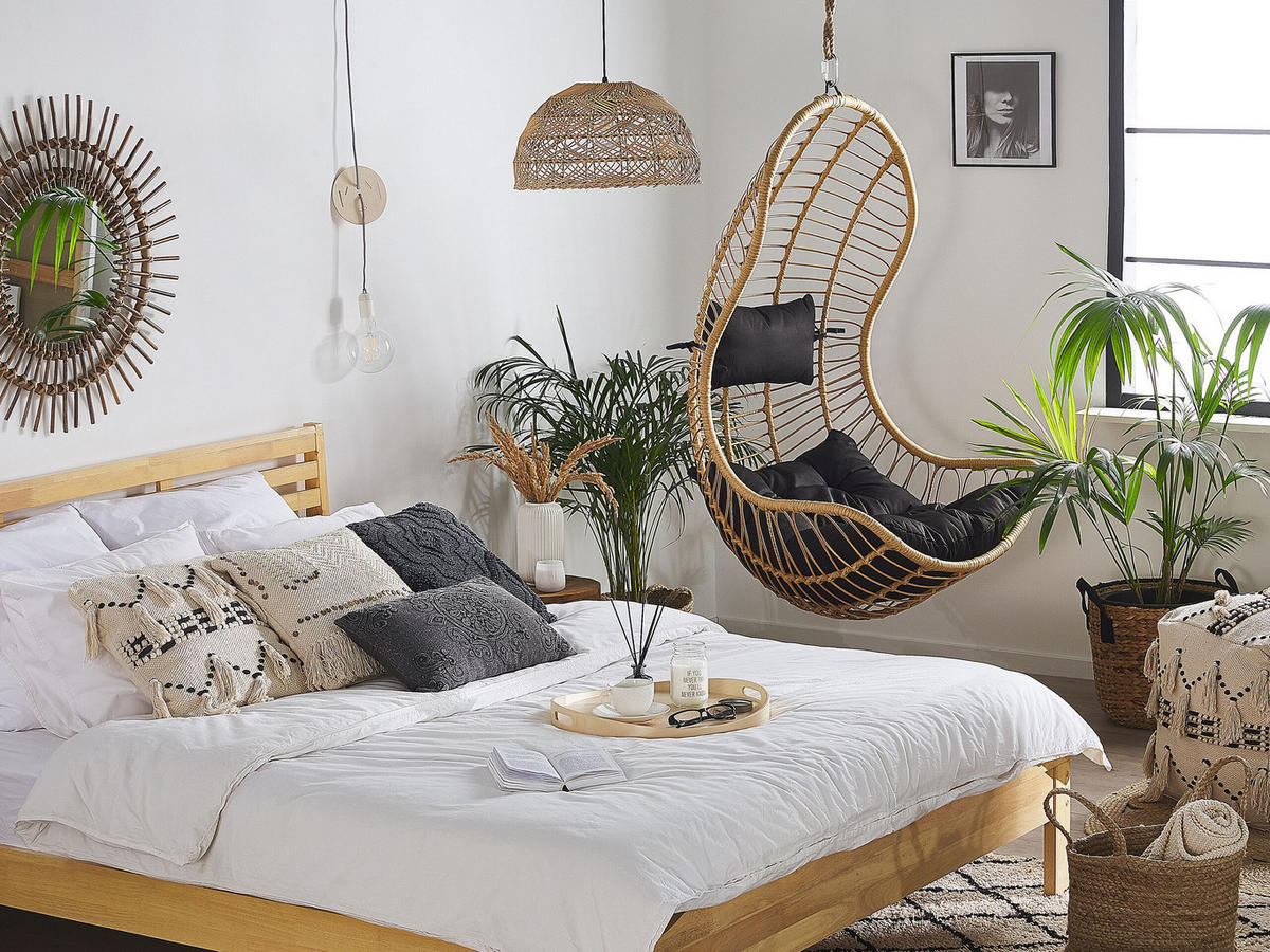HÄNGESESSEL PE Rattan natürlich/schwarz mit Sitzkissen Pineto - Beige, Kunststoff (66/137/80cm) - Beliani