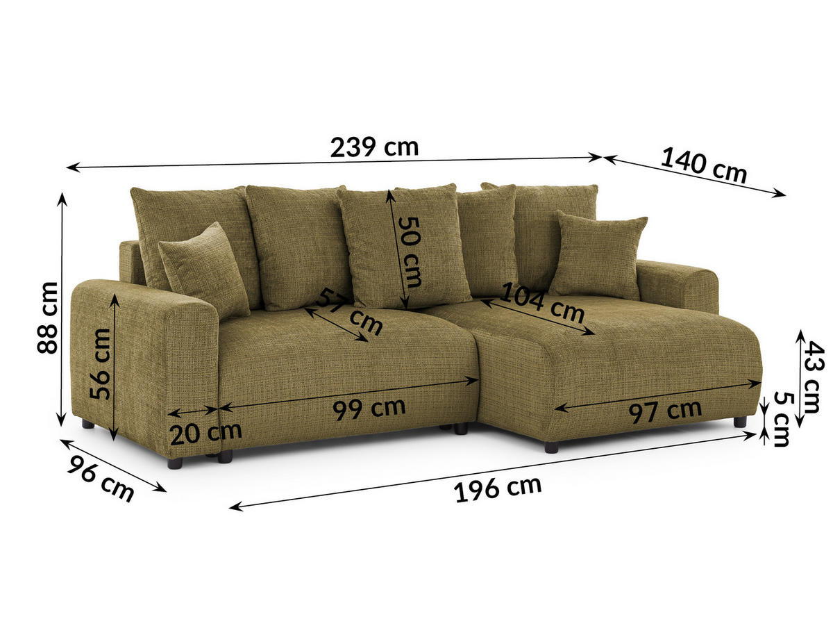 ECKSOFA Calma mit Schlaffunktion und Bettkasten im Bumpy-Design aus weichem Grün Chenille-Stoff - Ottomane rechts - Beige/Schwarz, Holz/Kunststoff (239/140cm) - S-Style Möbel