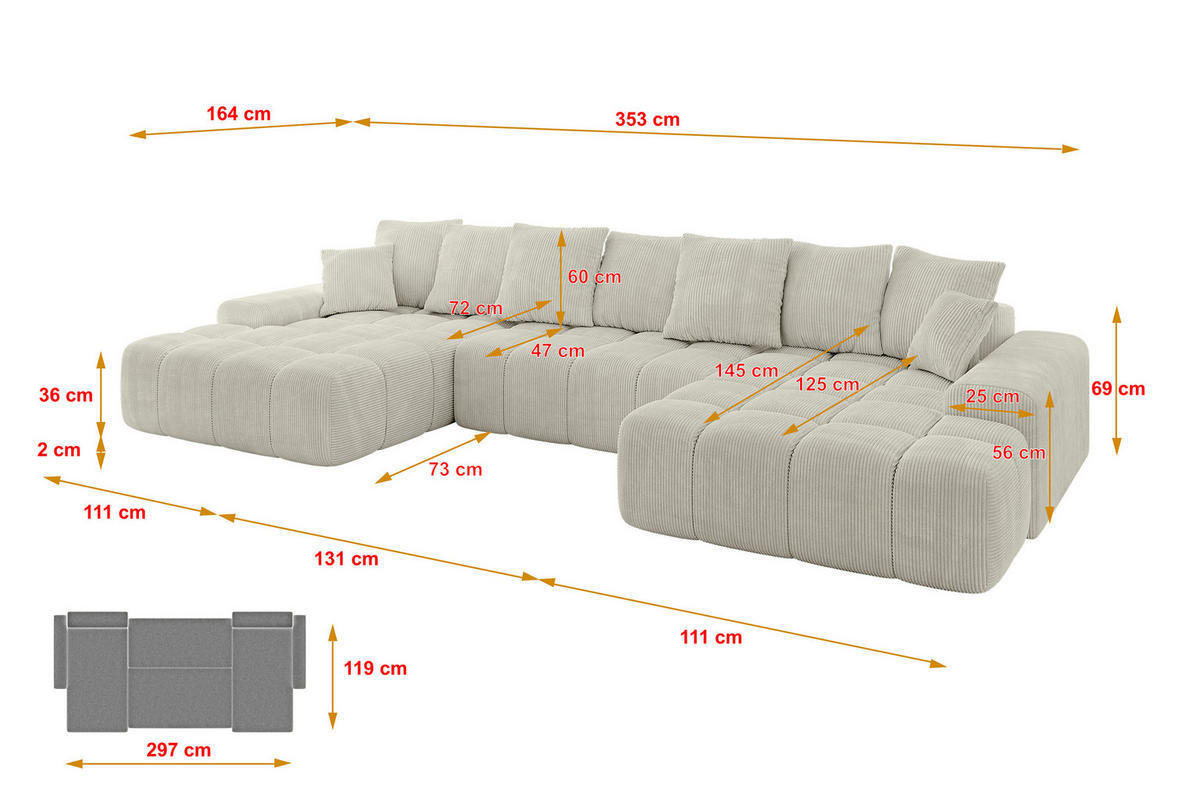 WOHNLANDSCHAFT ENSI-U - 353x164x69 cm Creme - Ecru/Creme, Holzwerkstoff/Kunststoff (357/69/164cm) - ALTDECOR