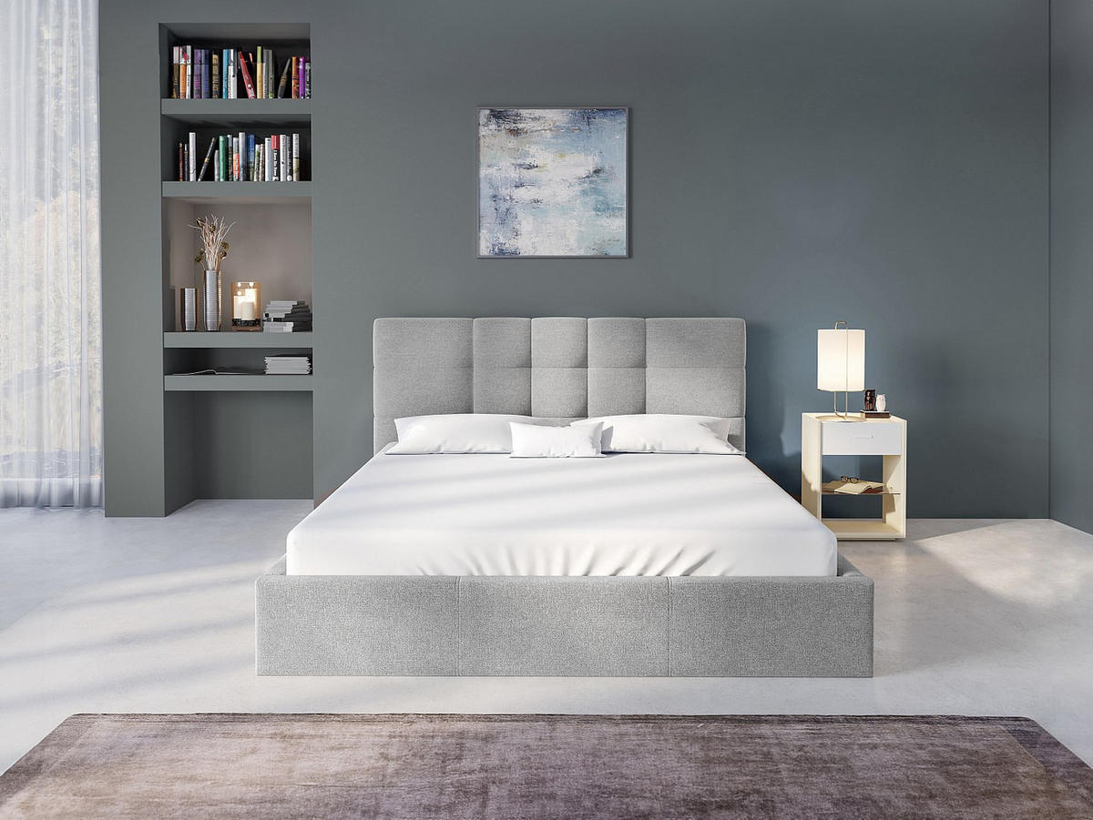 BETT mit Bettkasten - 2 Personen - Stoff - Hellgrau - - Hellgrau, Textil (160/200cm) - Vente-Unique