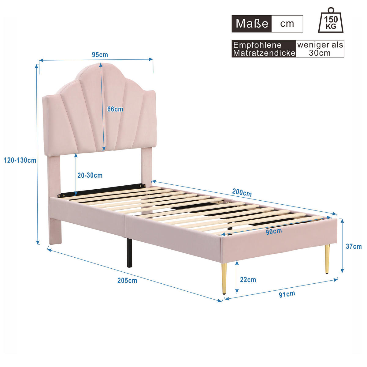 POLNJENA postelja iz žameta 90x200 cm roza z nastavljivim vzglavjem in stabilnim letvenim dnom - roza, tekstil (90/200cm) - Modfu