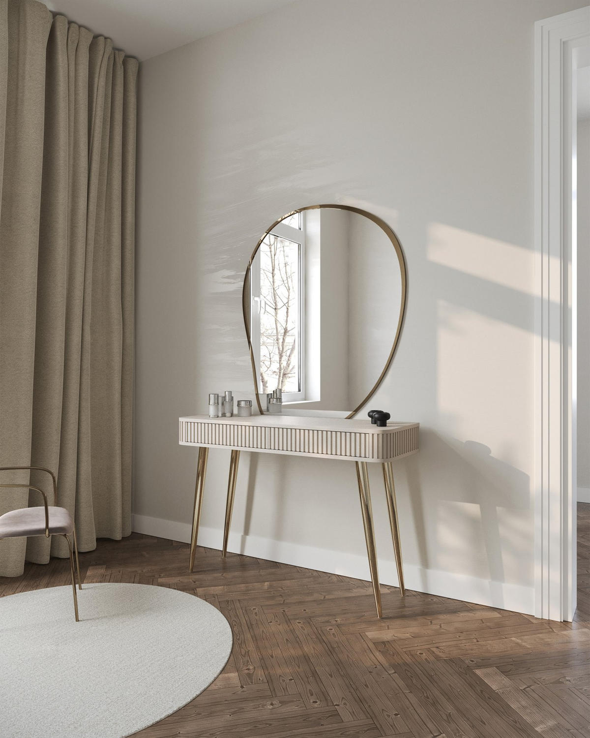 SCHMINKTISCH Ovarlo Greige mit 2 Schubladen 113 cm - Taupe/Goldfarben, Holzwerkstoff/Metall (38/113.2/77.9cm) - Selsey