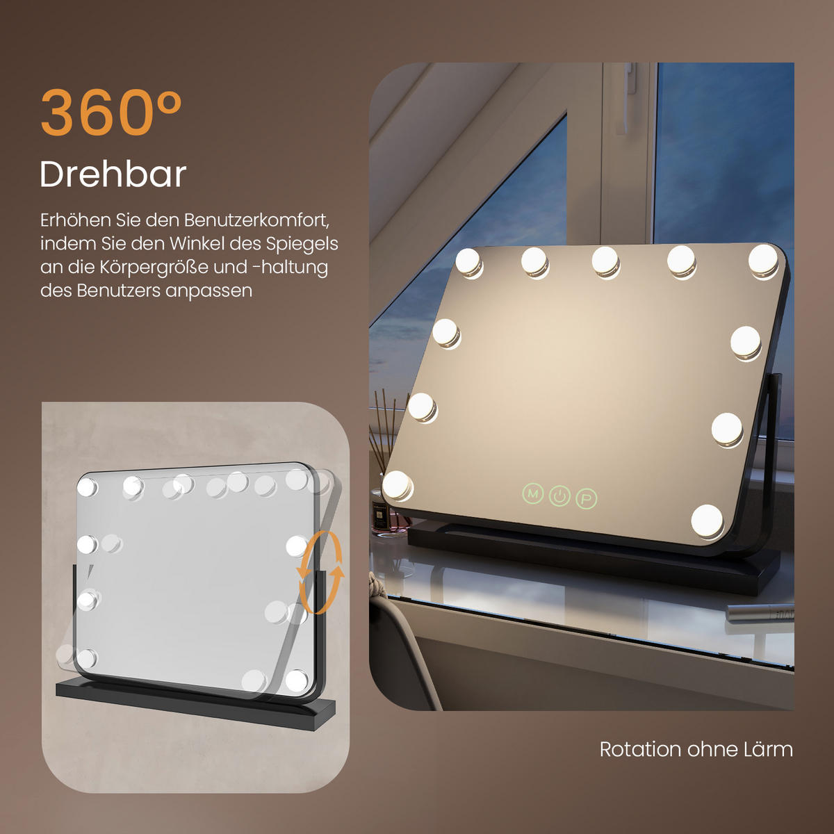 KOSMETIKSPIEGEL mit Beleuchtung, Schwarz, 50/42 cm - Schwarz, Glas (42/12/50cm) - EMKE