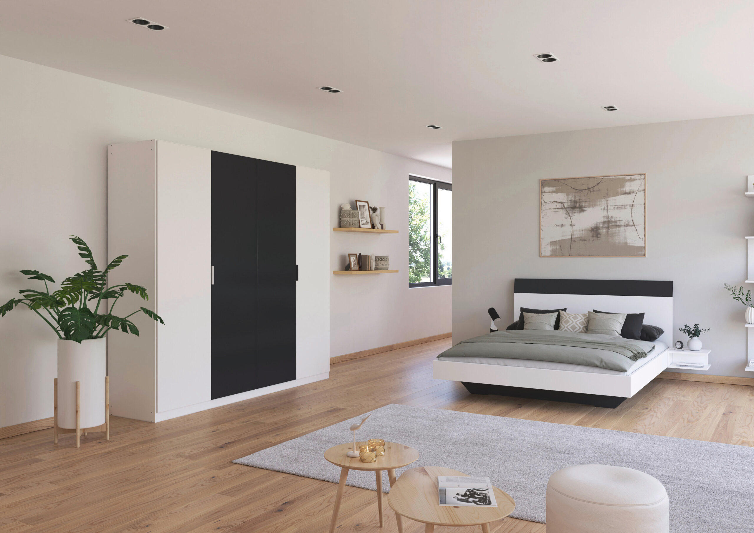 SCHLAFZIMMER Monza in Weiß und Grau Metallic mit Bettanlage 160x200cm, 2 Nachttischen und Drehtürenkleiderschrank 4türig ohne Spiegel - Weiß, Holzwerkstoff (80/200/120cm)