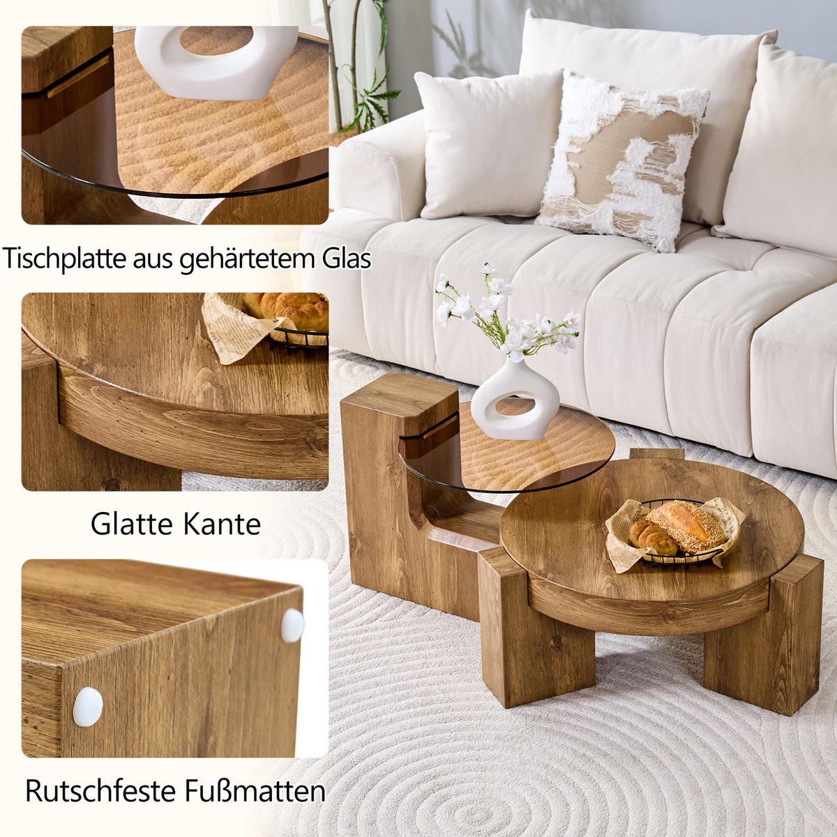 COUCHTISCH-SET aus MDF und Sicherheitsglas in Holzoptik 61x61x30 cm, braun getönt, trennbar - Naturfarben, Holzwerkstoff (61/61/30cm) - IVMEU
