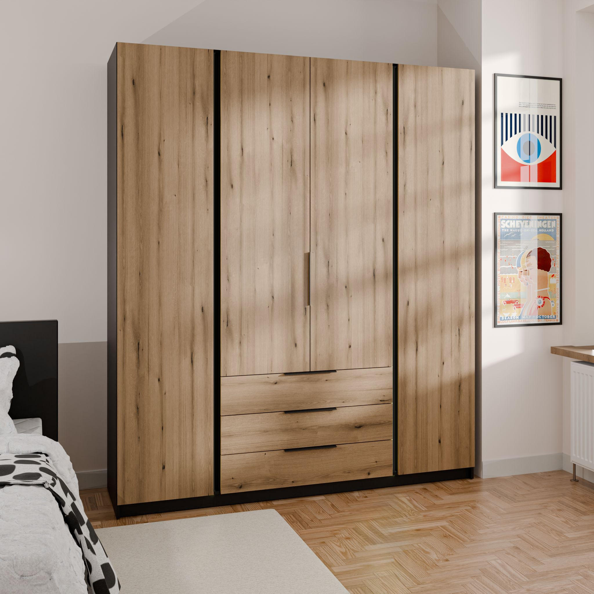 DREHTÜRENSCHRANK CAGLIARI 200/239/61,9cm 4-türig Schwarz - Goldfarben/Schwarz, Holzwerkstoff (200/239/61.9cm) - MASSENO