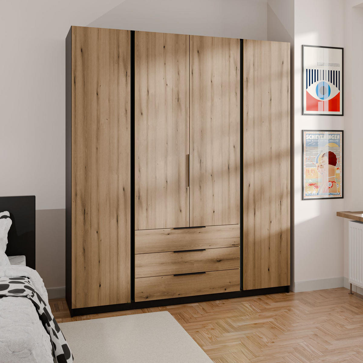 DREHTÜRENSCHRANK CAGLIARI 200/239/61,9cm 4-türig Schwarz - Goldfarben/Schwarz, Holzwerkstoff (200/239/61.9cm) - MASSENO