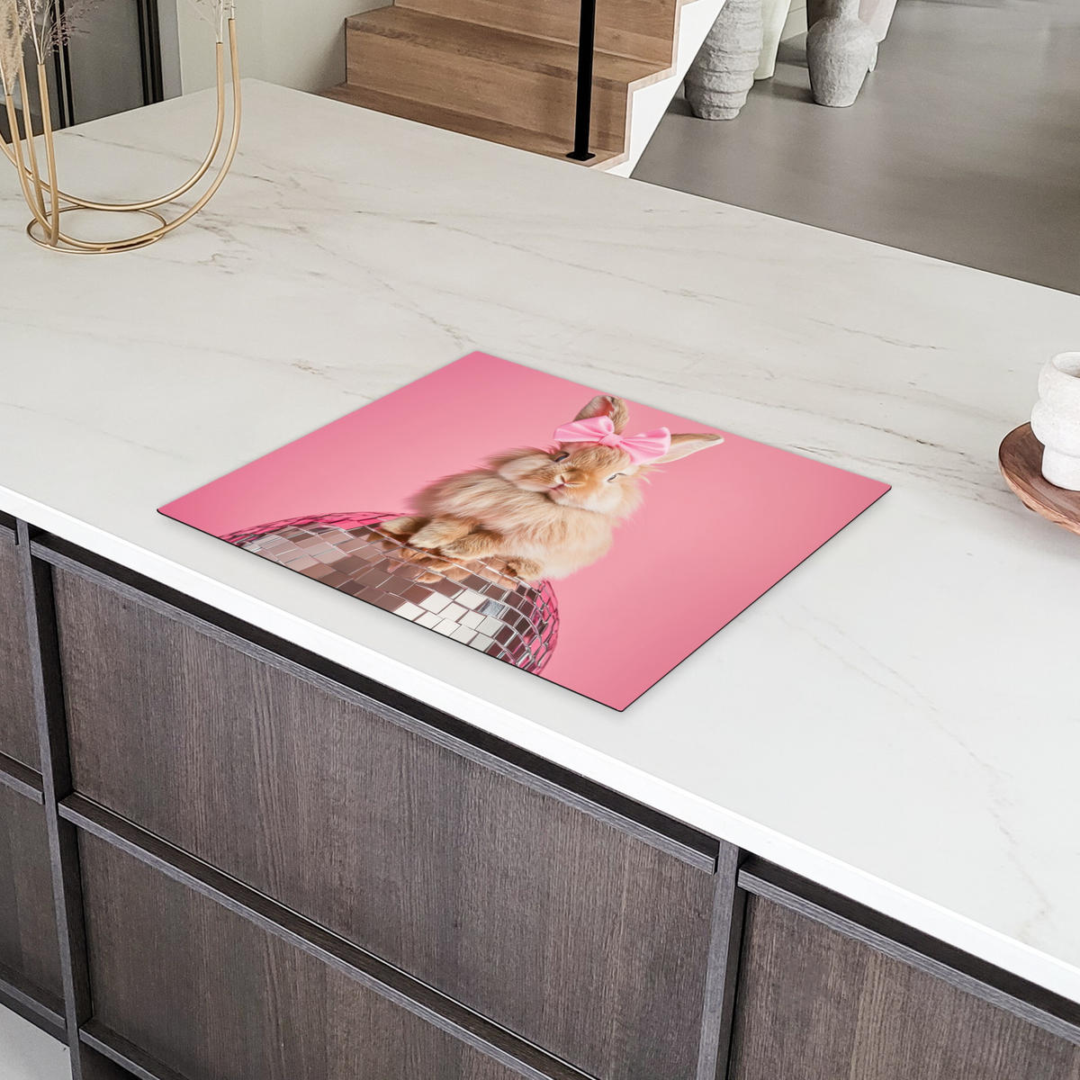 HERDABDECKPLATTE Schleife - Discoball - Kaninchen Herdabdeckung Induktionsfeld 65x52 cm - Pink, Kunststoff (65/52/0.2cm) - MuchoWow