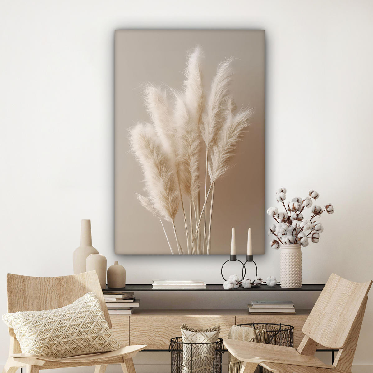 LEINWANDBILD Pampasgras - Federn - Pastell - Weiß Deko Groß 90x140 cm - Naturfarben, Textil (90/140cm) - MuchoWow