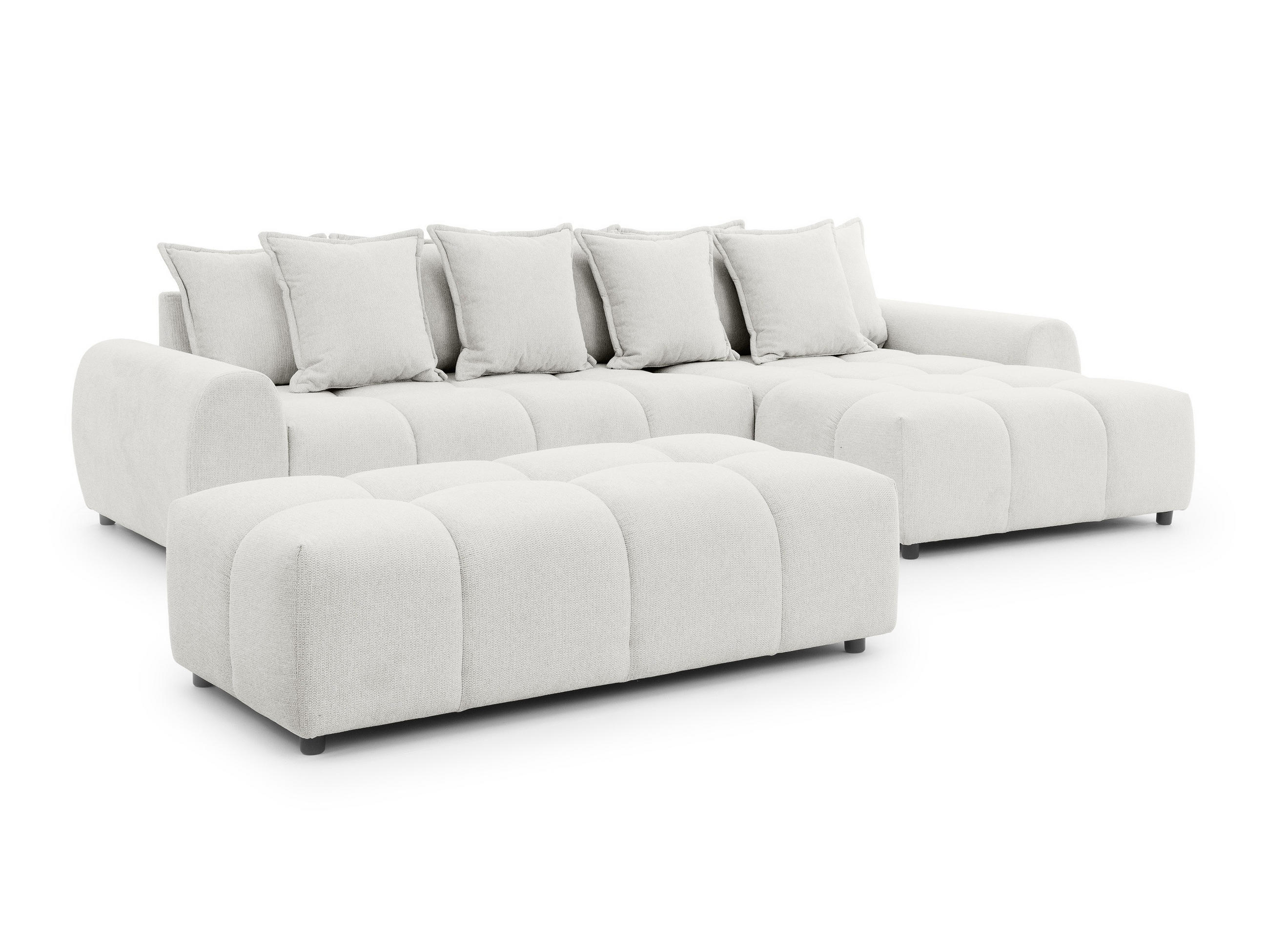 ECKSOFA inkl. Hocker Bubble mit Schlaffunktion und losen Rückenkissen, Sitzfläche in Bubble-Optik aus weichem Creme Strukturstoff - Ottomane Rechts - Creme/Schwarz, Holz/Kunststoff (306/180cm) - S-Style Möbel