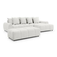 ECKSOFA inkl. Hocker Bubble mit Schlaffunktion und losen Rückenkissen, Sitzfläche in Bubble-Optik aus weichem Creme Strukturstoff - Ottomane Rechts - Creme/Schwarz, Holz/Kunststoff (306/180cm) - S-Style Möbel