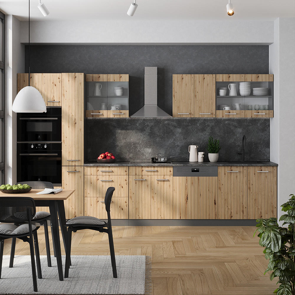KÜCHENZEILE R-Line Artisan Eiche/Anthrazit 350 cm mit Hochschrank, AP Eiche - Anthrazit/Eiche Artisan, Holzwerkstoff (350/81.6/60cm) - Vicco