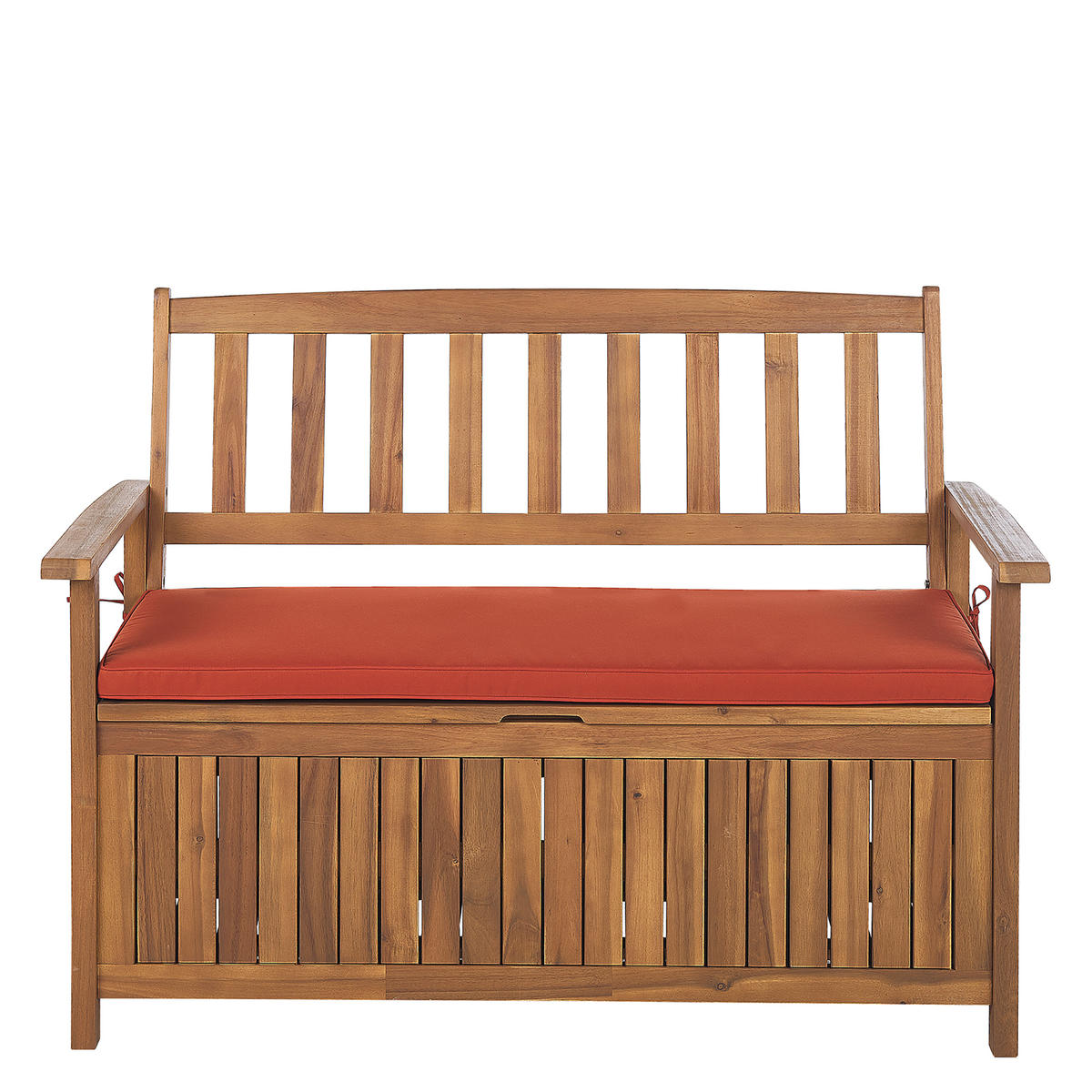 GARTENBANK Akazienholz hellbraun mit Stauraum Auflage terracotta 120 cm Sovana - Hellbraun/Terracotta, Holz (120/91/60cm) - Beliani