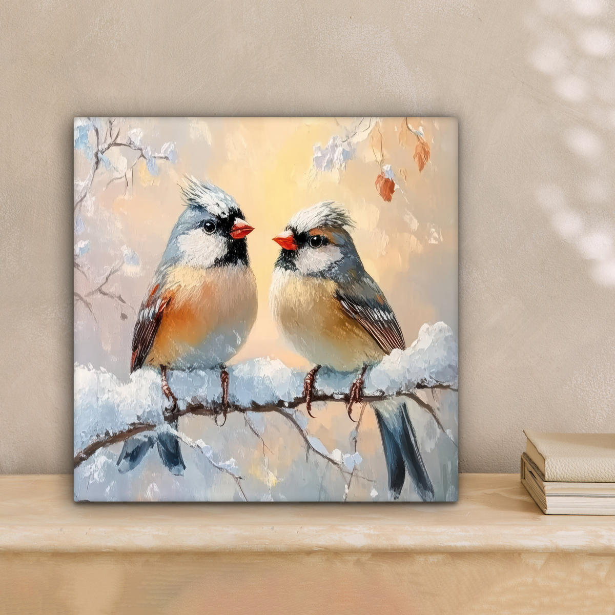 LEINWANDBILD Vögel - Zweig - Winter - Schnee 20x20 cm - Pastellblau, Textil (20/20cm) - MuchoWow