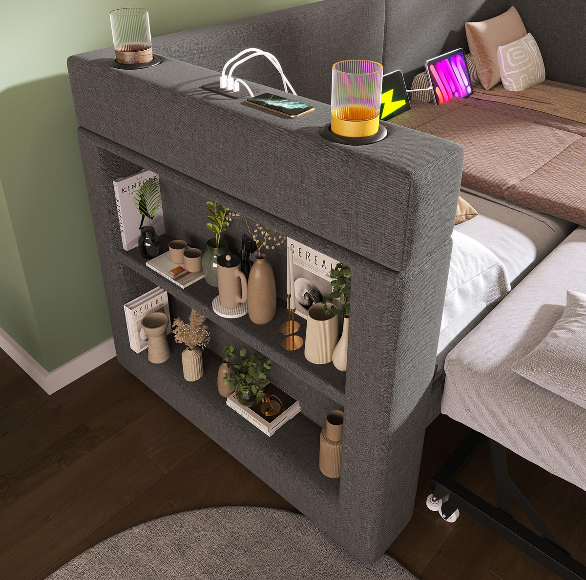 BETT 90/200 cm Grau aus Baumwoll-Leinen mit Bett und Ladefunktion - Grau, Textil (90/200cm) - OKMYHOME