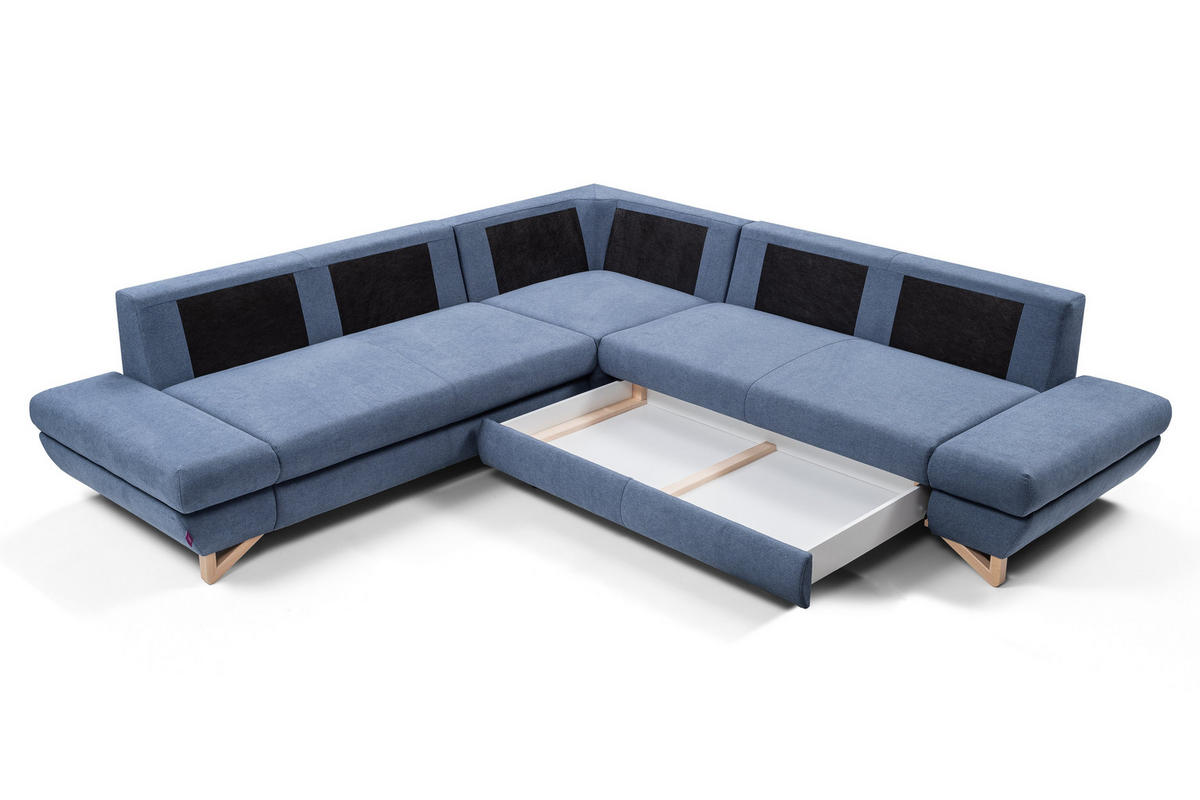 ECKSOFA CASA III R-S Blau Plüsch-Stoff mit Schlaffunktion - Blau, Holz (272/272cm) - MASSENO