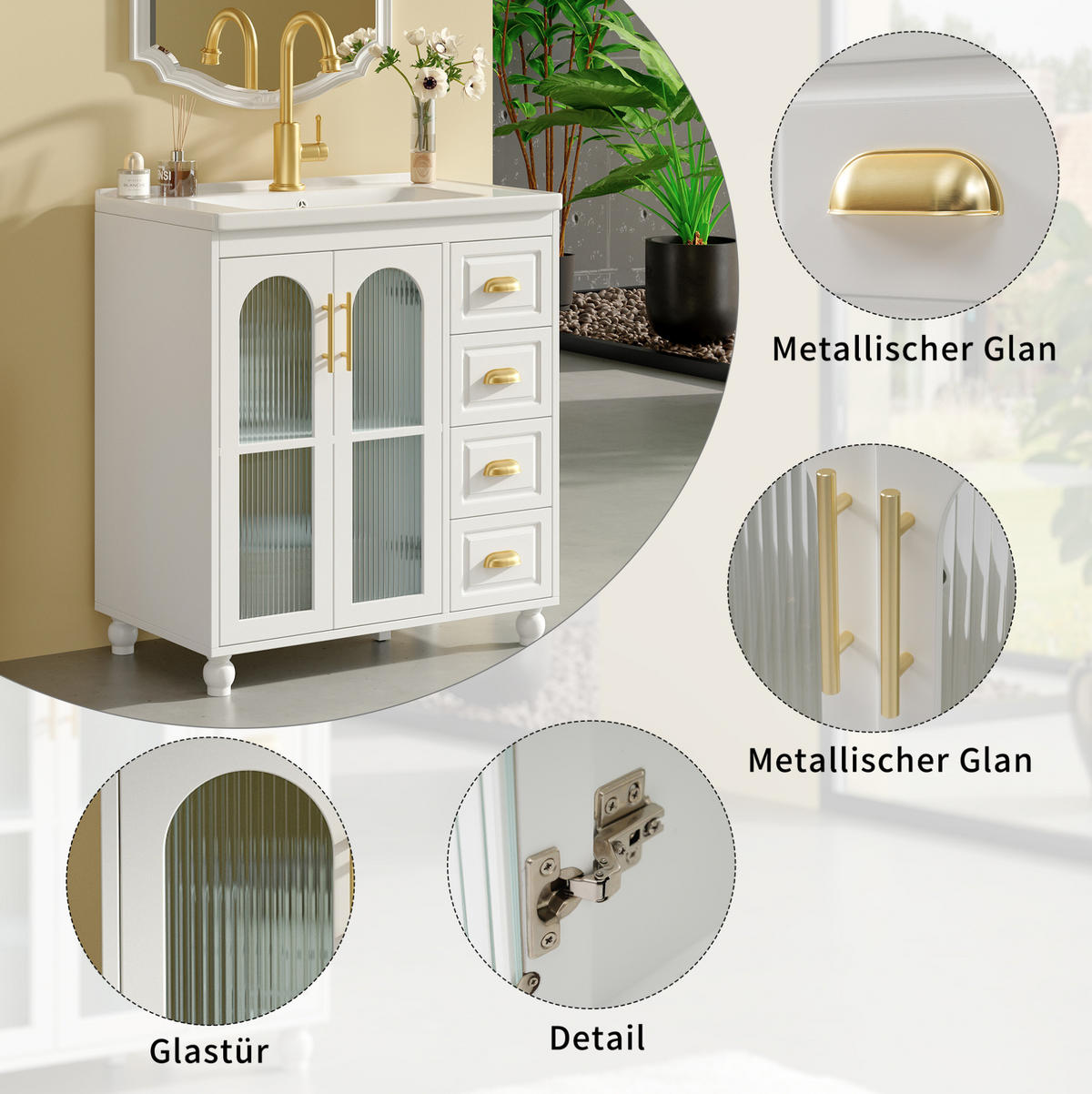 BADEZIMMERSCHRANK mit Becken 80x47x90 cm Weiß aus Porzellan & MDF mit 2 Schränken & 3 Schubladen - Weiß, Holzwerkstoff (80/90/47cm) - Modfu