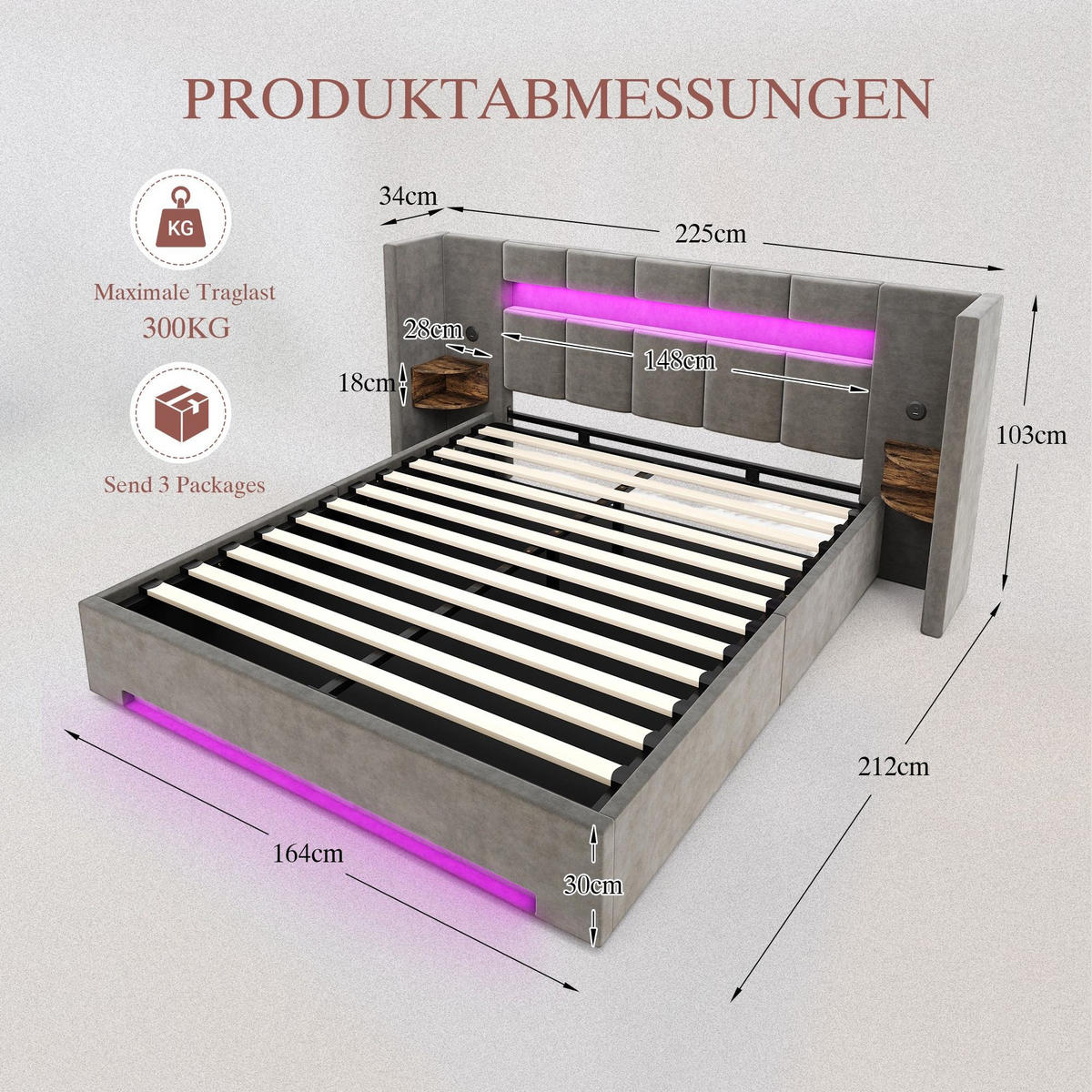 BOXBETT 160/200 mit Bettkasten, LED, USB/Typ C-Ladeanschluss,Samt,Grau - Grau, Metall (160/200cm) - LVHOM