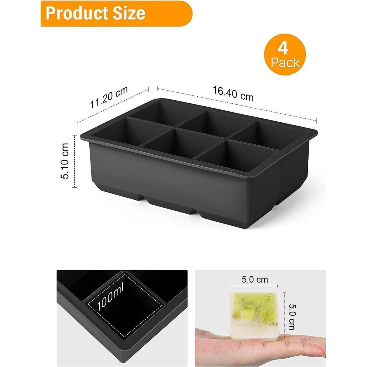 EISWÜRFELFORMEN 2-teiliges Set mit Deckel 6 Mulden quadratisch 5 cm - Schwarz, Kunststoff (5/5/5cm)