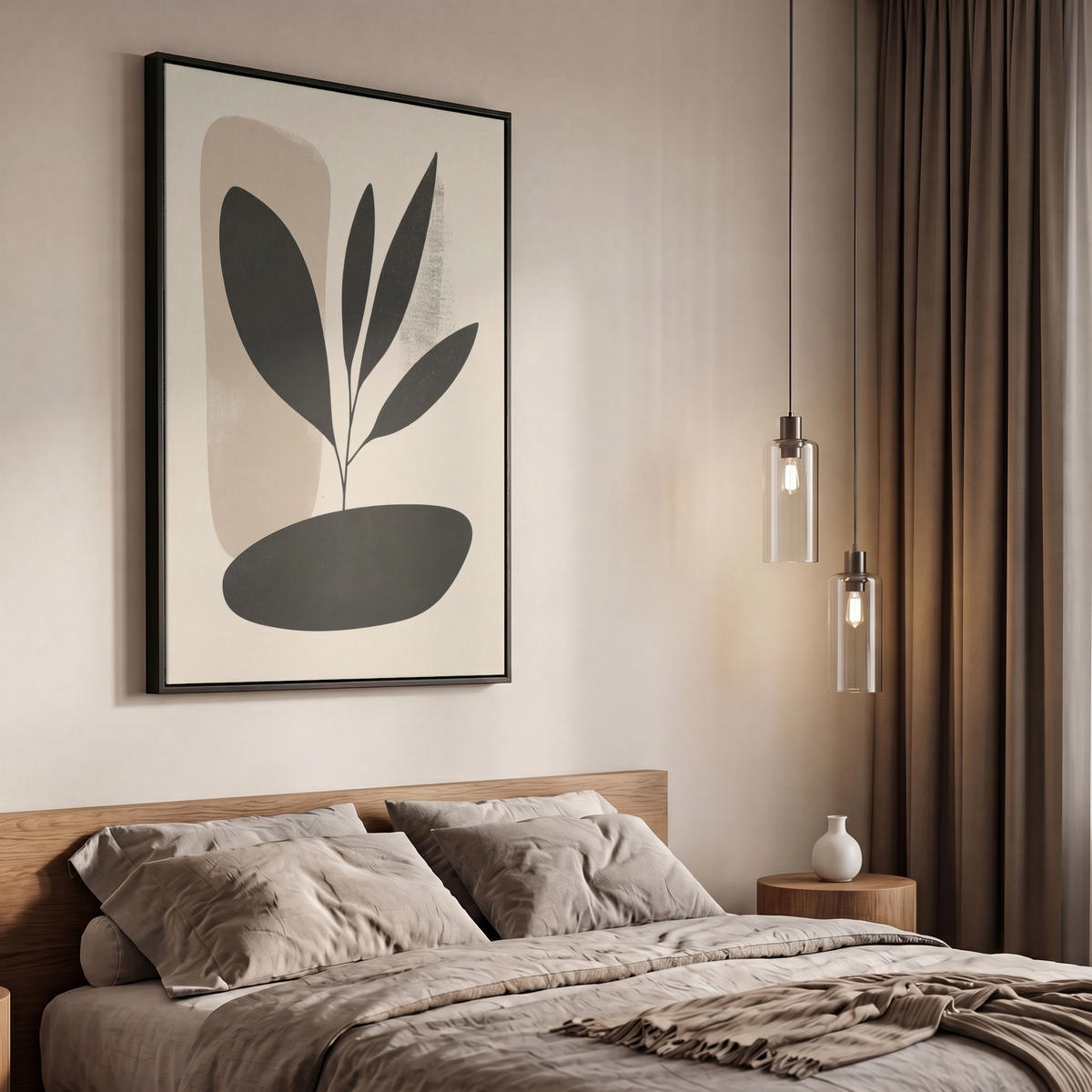 LEINWAND Bilder mit Rahmen - Pflanze - Beige - Japanisch - 60x90 - Schwarz, Textil (60/90cm) - MuchoWow