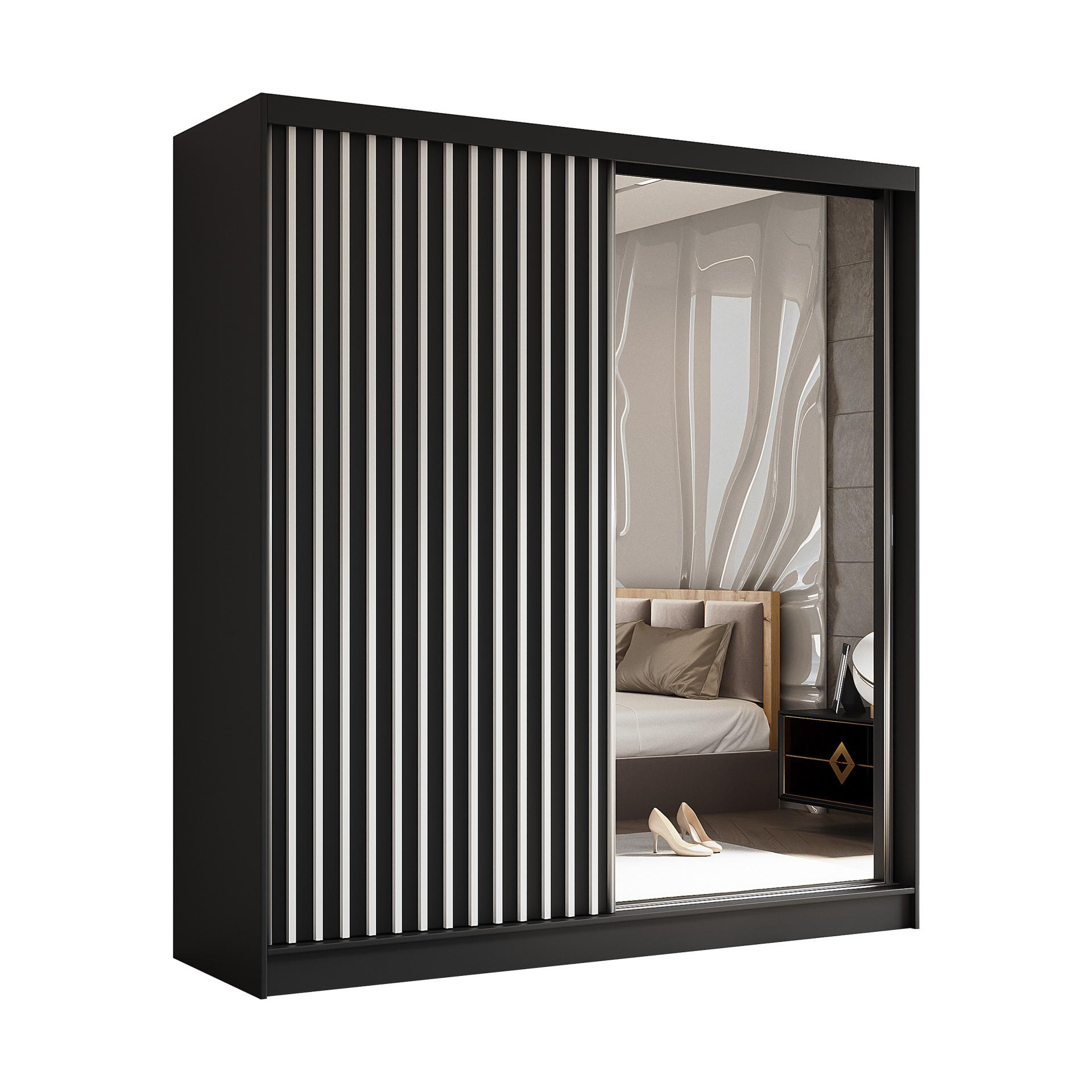 SCHWEBETÜRENSCHRANK Erika 200 cm mit Lamellen und Spiegel 2-türig, schwarz, schwarz, Lamelle weiß - Schwarz/Weiß, Kunststoff (200/216/51cm) - Margaret Hadas24