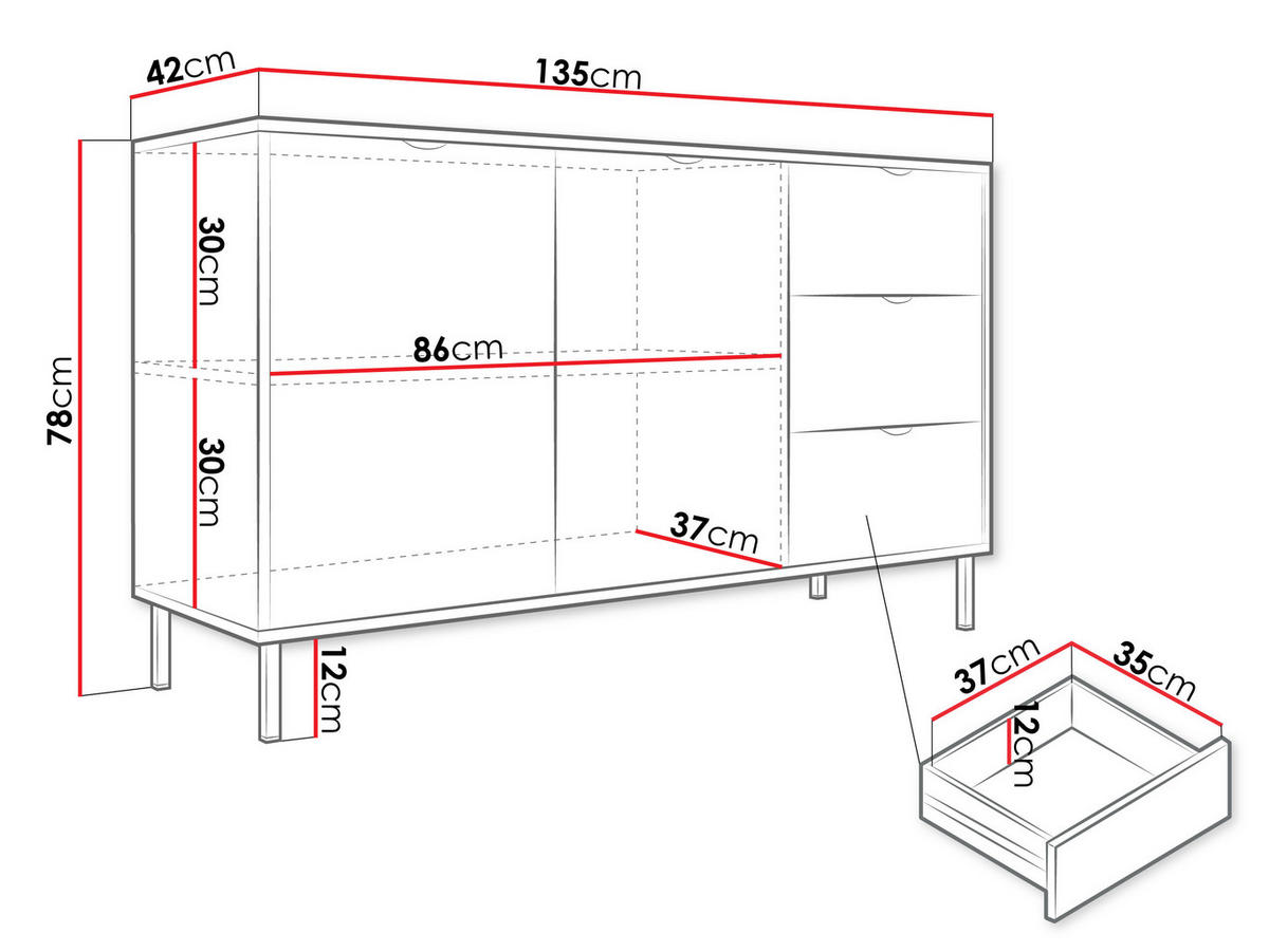 SIDEBOARD Werkoz 2D3S - Goldfarben/Weiß, Holzwerkstoff/Metall (135/78/42cm) - MIRJAN24