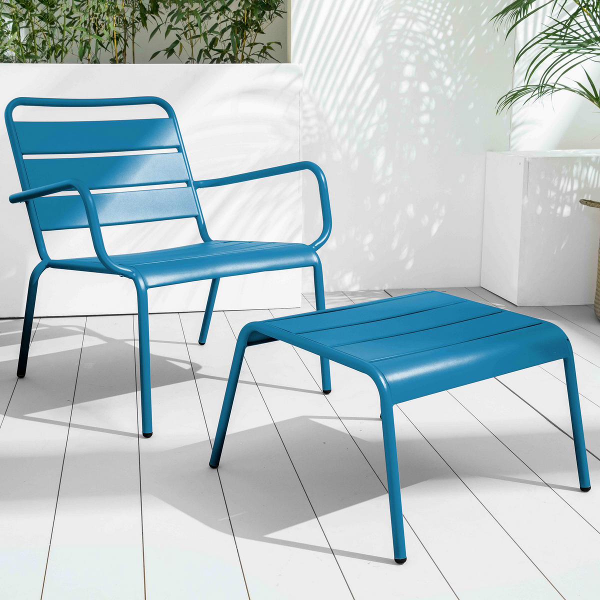 RELAXSESSEL MIT HOCKER 2-tlg., Grau/Pazifikblau - Blau, Metall (64/72/60cm) - Oviala