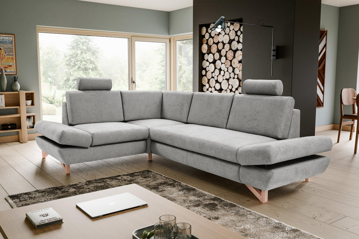 ECKSOFA CASA II L-S Grau Plüsch-Stoff mit Schlaffunktion - Grau, Holz (272/199cm) - MASSENO