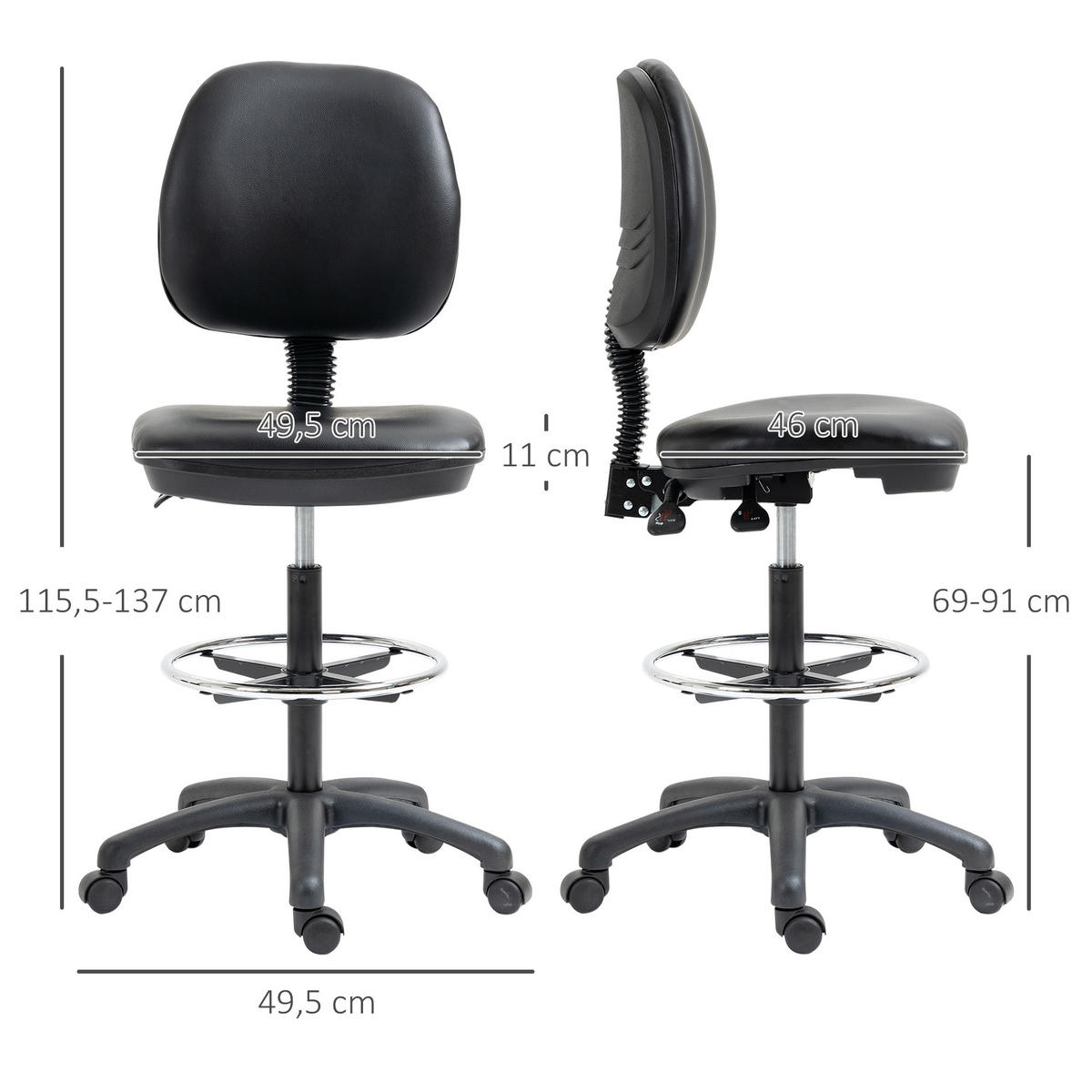 BÜROHOCKER DE-11674 höhenverstellbar 69-91 cm mit verstellbarer Fußstütze Schwarz - Schwarz, Metall (46/137/49.5cm) - ComfortXL