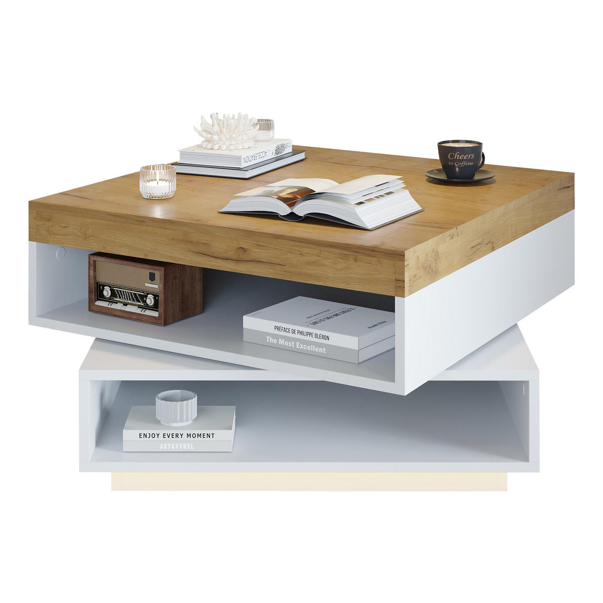 COUCHTISCH weiß-holzfarben mit 360° drehbarer Platte und LED-Beleuchtung 65 × 65 × 40 cm aus MDF - Weiß, Holzwerkstoff (65/65/40cm) - Luhomfu