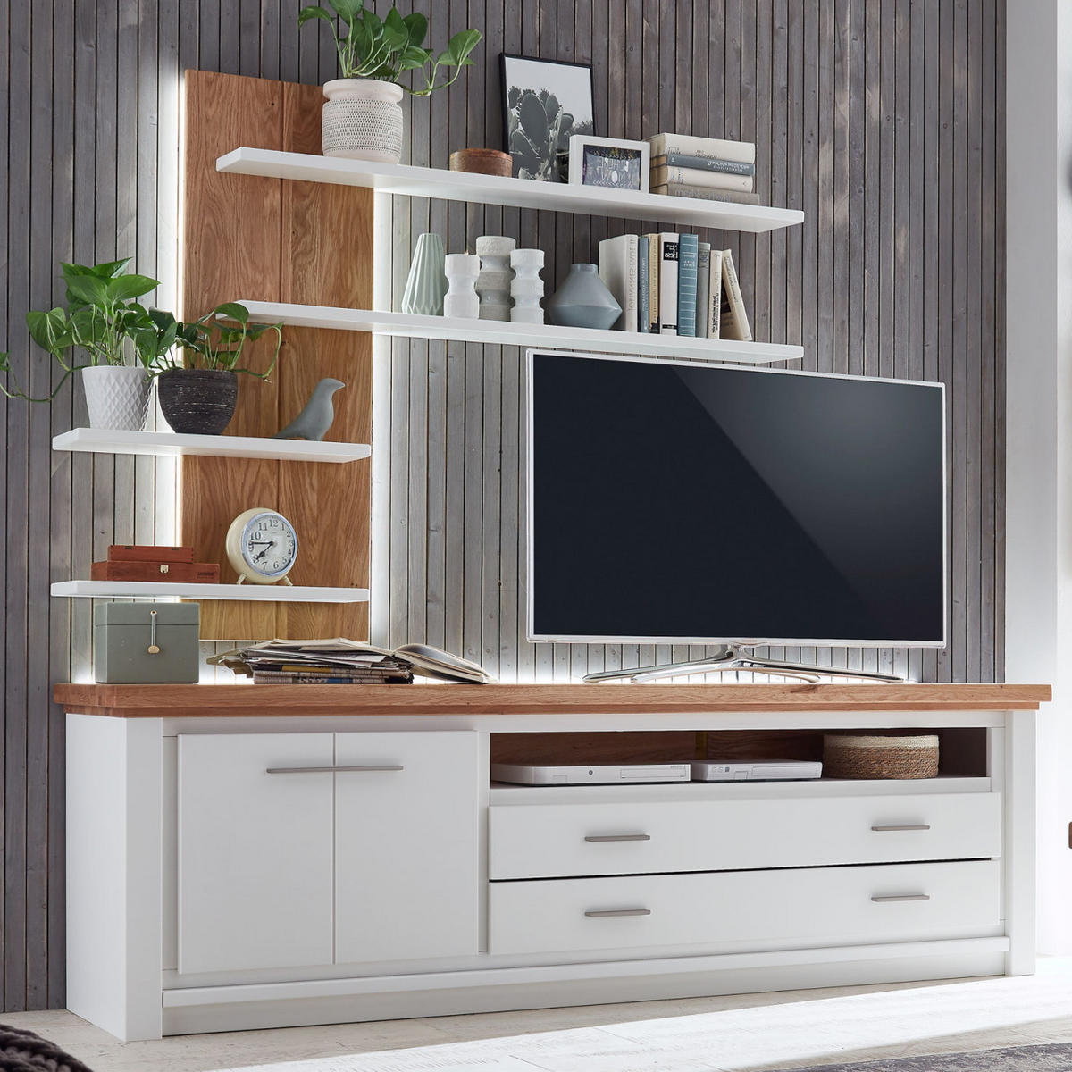 TV-LOWBOARD SET mit Wandregal weiß Olbia Wildeiche 202/45/67 cm - Weiß/Braun, Holz (202/67/45cm) - Casamia Massive Möbel