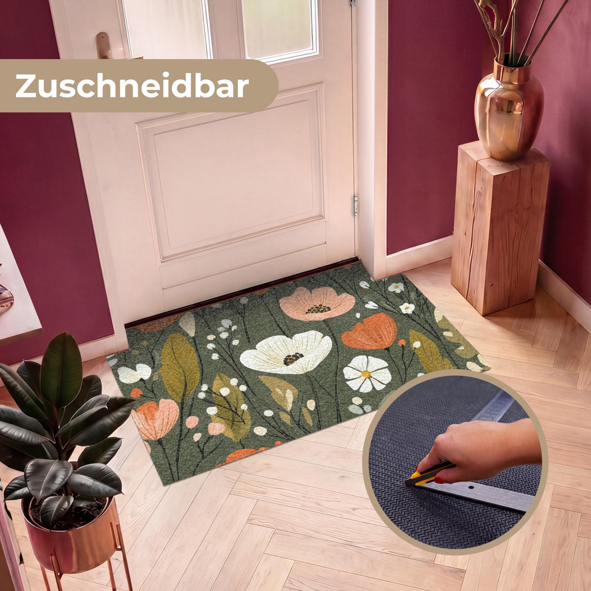 ROHOŽKA Květiny - ilustrace - zelená 120x80 cm - tmavě zelená, textil/umělá hmota (120/0.4cm) - MuchoWow