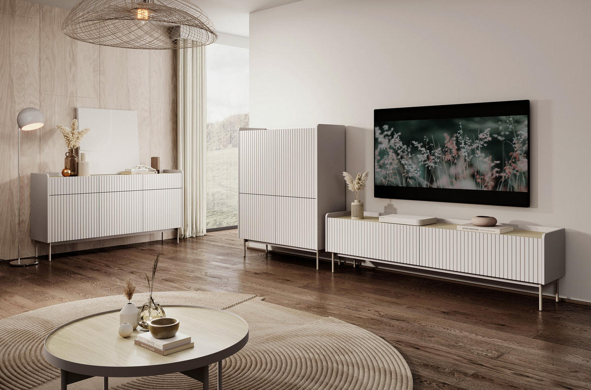 HIGHBOARD Nolle in Beige & Scandi Eiche 103/126/38 cm - Sandfarben/Beige, Holzwerkstoff/Metall (103.2/126.2/38cm) - WFL GROUP